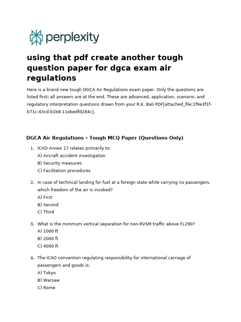 Tough DGCA Air Regulations Exam Paper | PDF | Visual Flight Rules ...