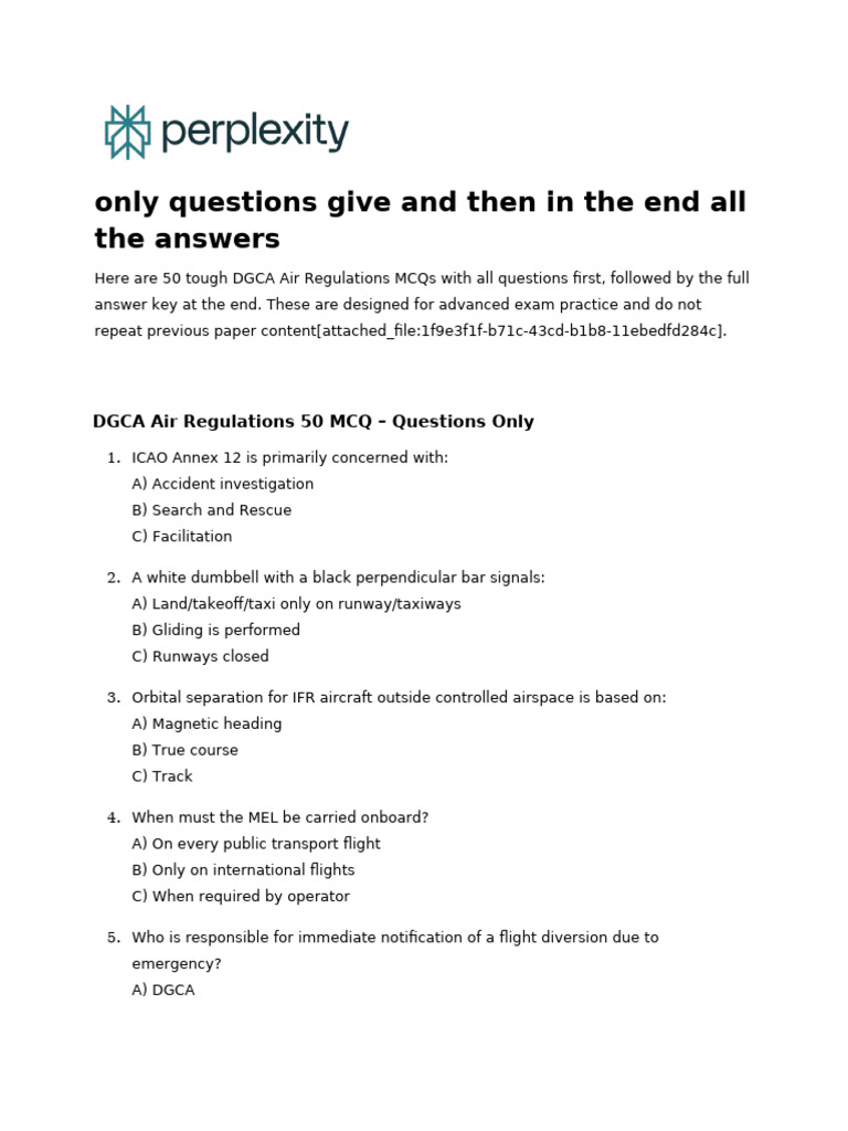 DGCA Air Regulations: 50 MCQs & Answers | PDF | Aviation | Aviation Safety