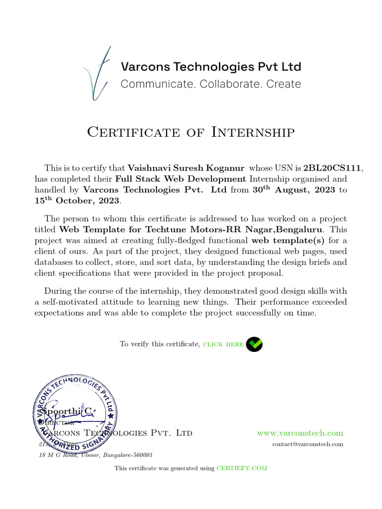 Full Stack Web Development Internship Certificate | PDF