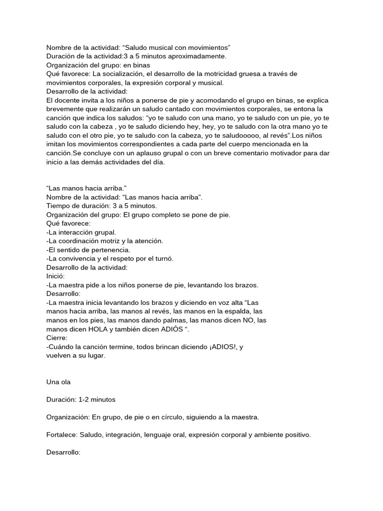 Actividades de Saludo Musical para Niños | PDF | Canciones | Educación ...