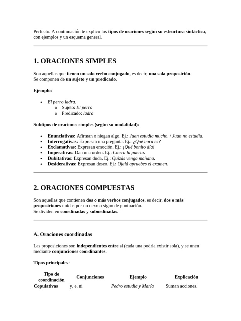 Tipos de Oraciones según Estructura Sintáctica | PDF | Oración ...