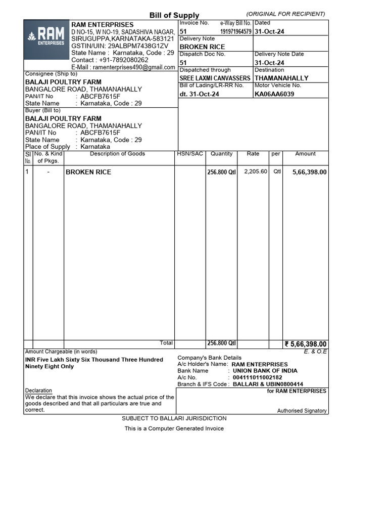 Bill of Supply for Broken Rice Transaction | PDF | Invoice | Business ...