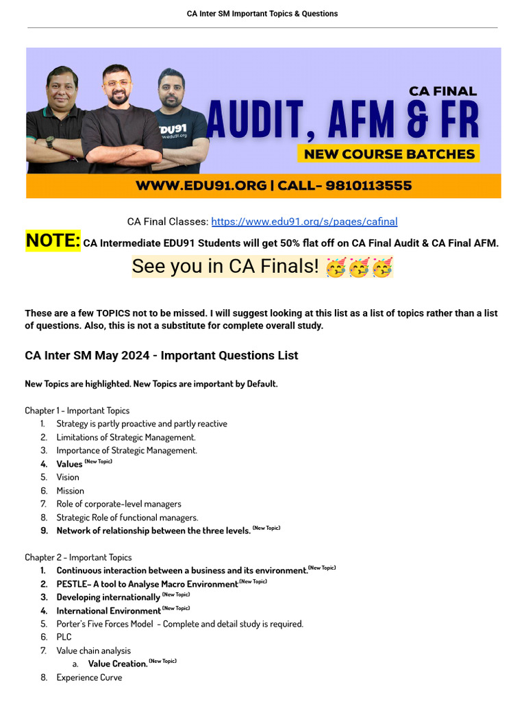 CA Inter SM Key Topics & Questions Guide | PDF | Competitive Advantage ...