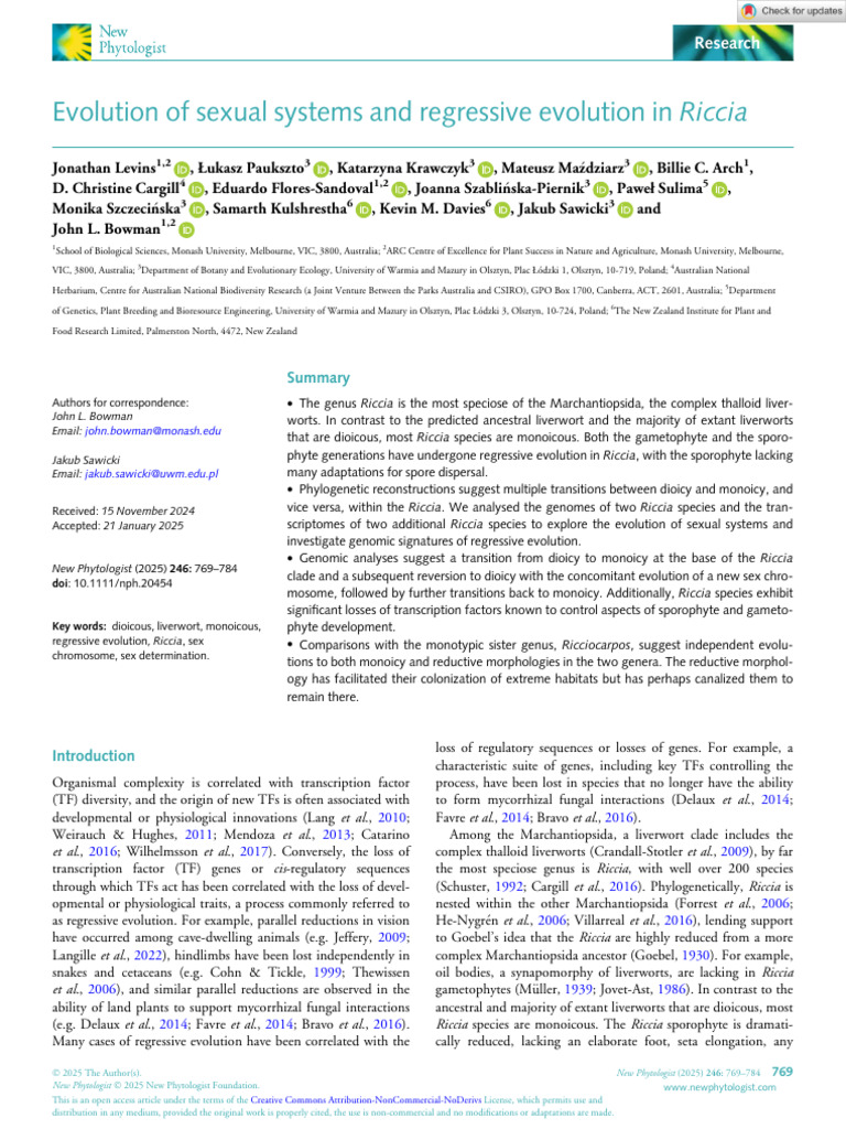 New Phytologist - 2025 - Levins - Evolution of Sexual Systems and ...