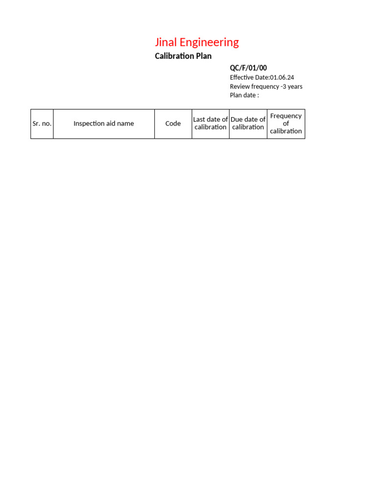 Jinal Engineering Calibration Plan | PDF