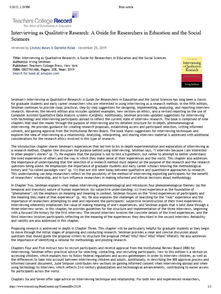 Seidman's Guide to Interviewing Research PDF Methodology