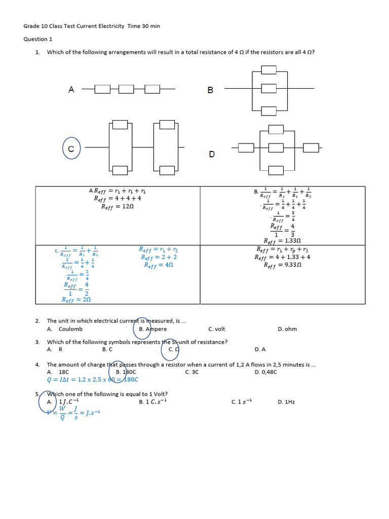 Grade 10 Test: Current Electricity Concepts | PDF | Series And Parallel ...