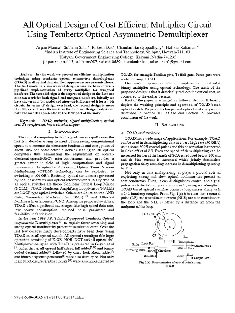 All Optical Design of Cost Efficient Multiplier Circuit Using Terahertz ...