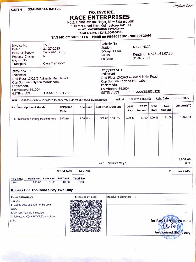 RACE ENTERPRISES Tea Coffee Machine Rental Invoice July | PDF