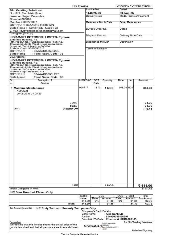 Egmore Rental Invoice Aug 25 | PDF | Invoice | Public Finance