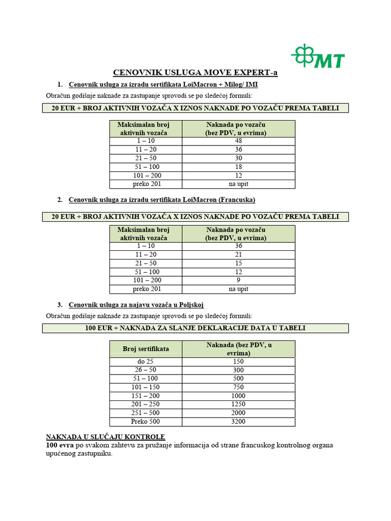 Cenovnik Usluga Move Experta | PDF