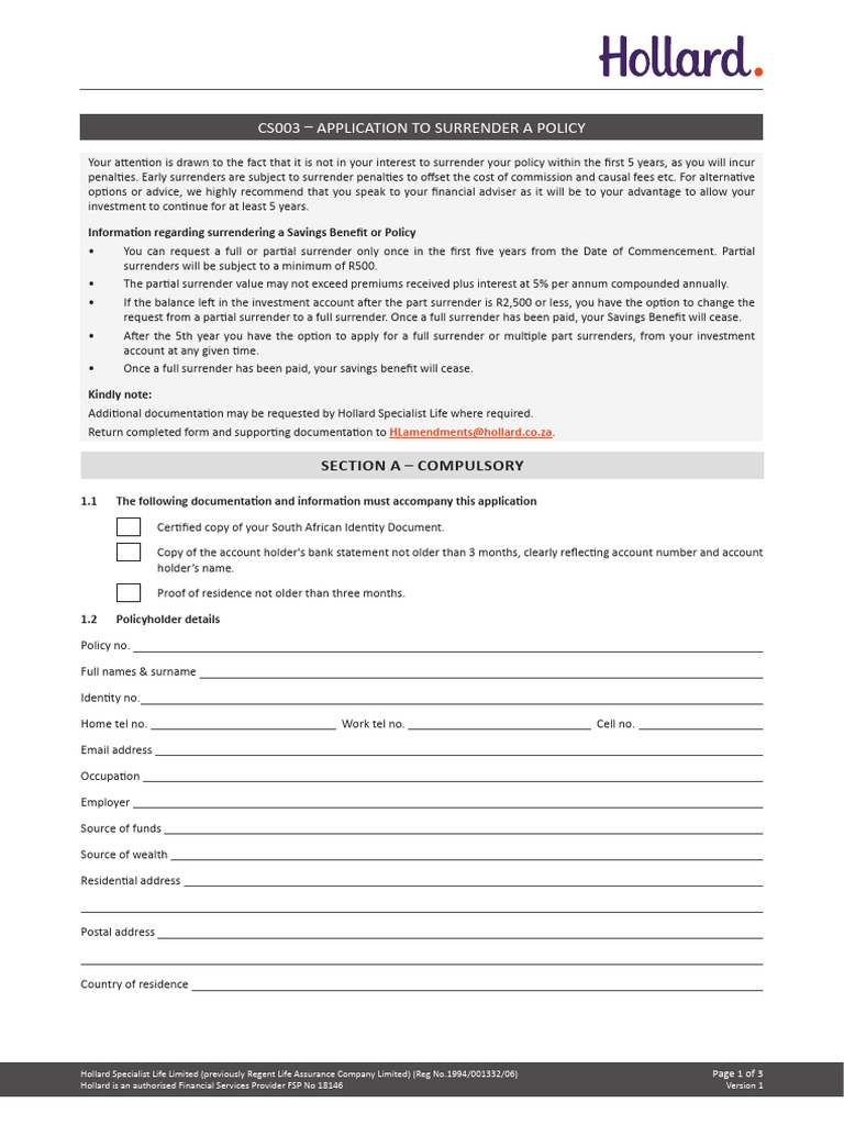 Hollard Policy Surrender Application Form | PDF | Life Insurance | Interest