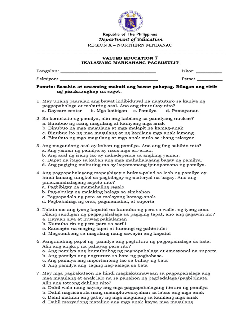 Grade 7 Values Education 2ndQ RUQA Test Questions | PDF