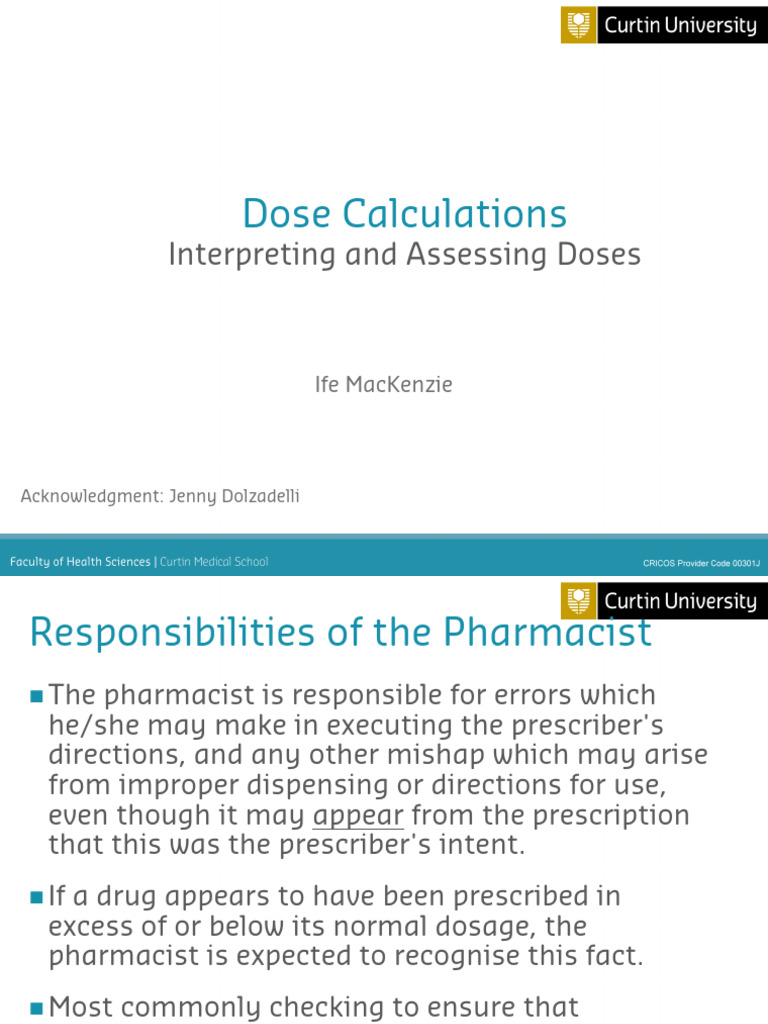 Dose Calculations - Handout - 2024 | PDF | Chemistry | Dose (Biochemistry)