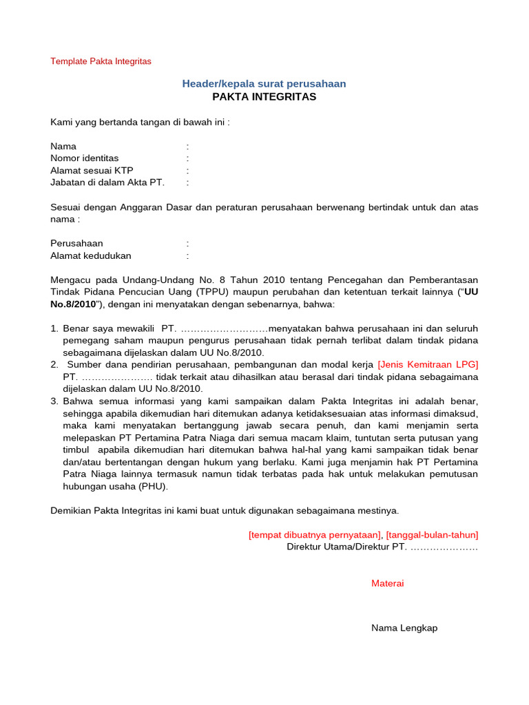Template Pakta Integritas Perusahaan | PDF