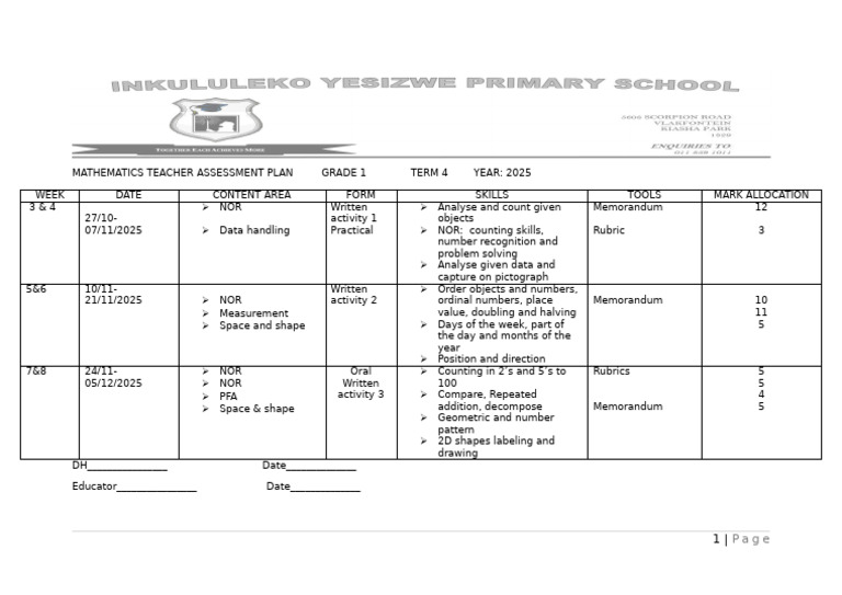 Grade 1 Term 4 Maths Assessment Plan | PDF | Shape | Mathematics