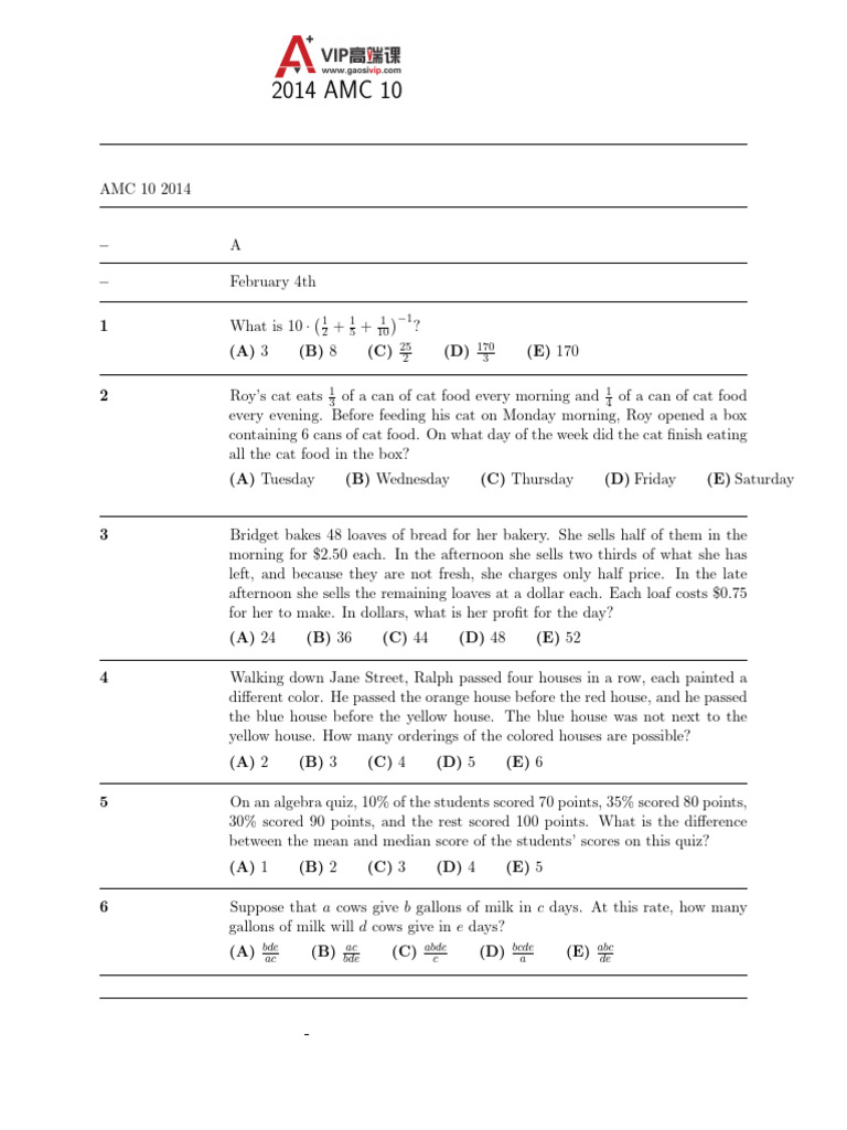 2014 AMC 10 Math Problems and Solutions | PDF | Circle | Sphere