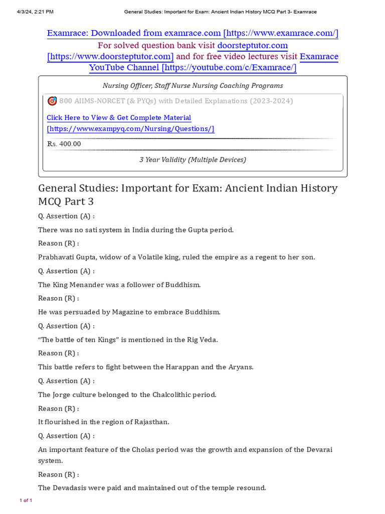 Ancient Indian History MCQs Part 3 | PDF