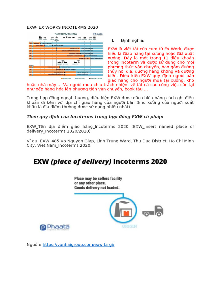 Exw-Ex Works Incoterms 2020 I. Định nghĩa | PDF