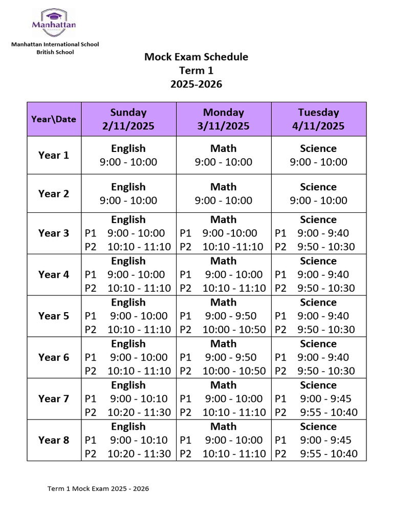 2025-2026 Mock Exam Schedule | PDF
