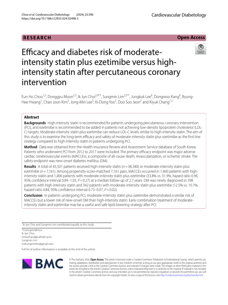 Efficacy and Diabetes Risk of Moderateintensity Statin Plus Ezetimibe ...