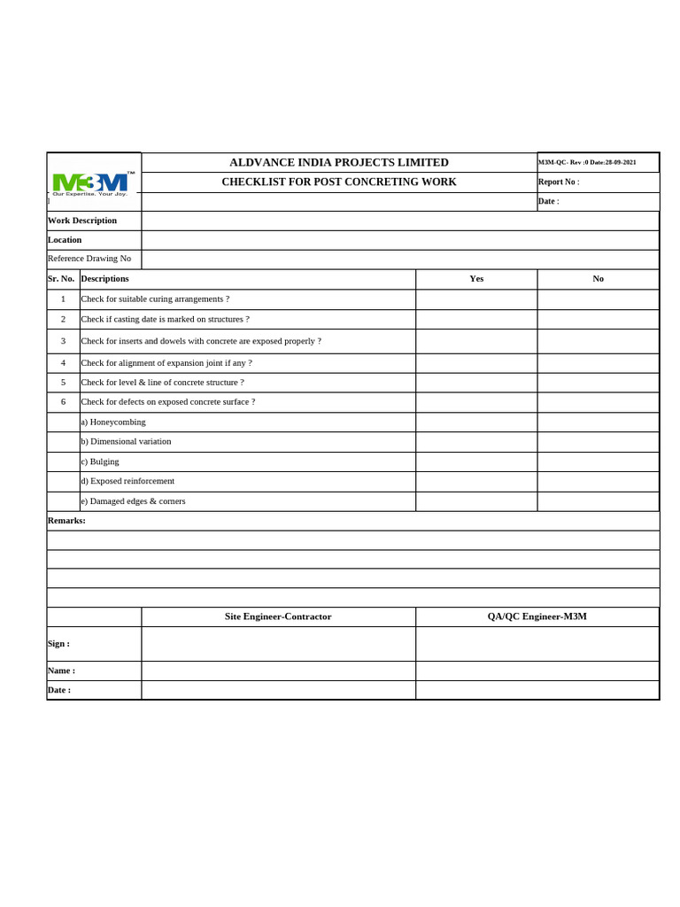 Checklist For Post Concreting | PDF