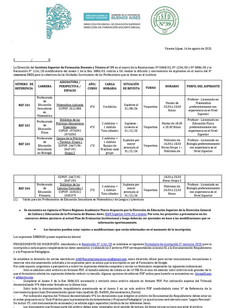 Inscripción 5° Concurso ISFD 39 2025 | PDF | Maestros | Plan de estudios