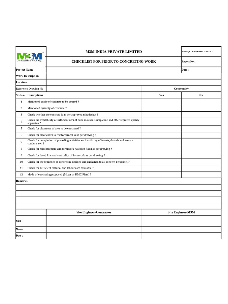 Checklist For Prior To Concreting Work | PDF