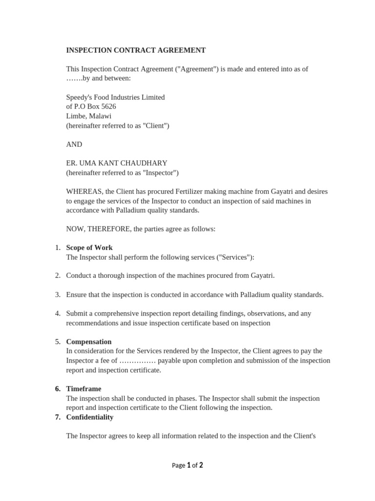 Inspection Contract Agreement Details | PDF | Indemnity | Civil Law ...