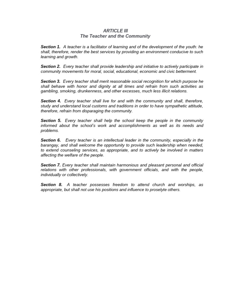 EDUC 012 ARTICLE III The Teacher and The Community | PDF