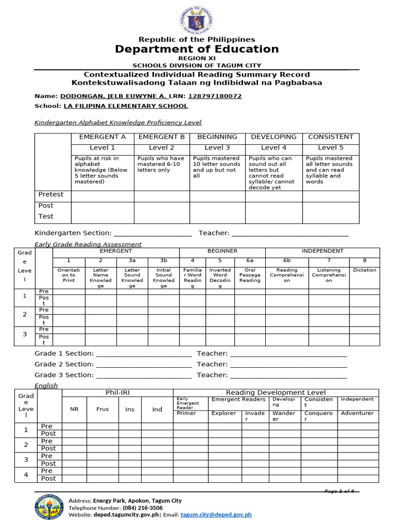 Contextualized Individual Summary Record | PDF | Phonics | Human ...