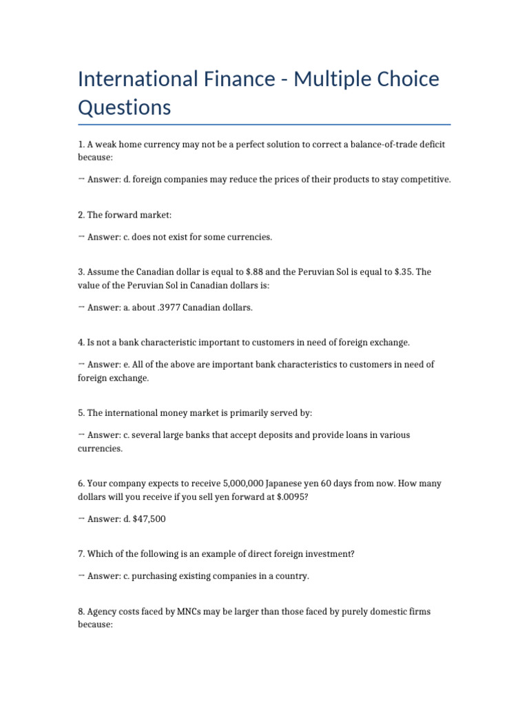 International Finance 50 MCQ | PDF | Exchange Rate | Japanese Yen