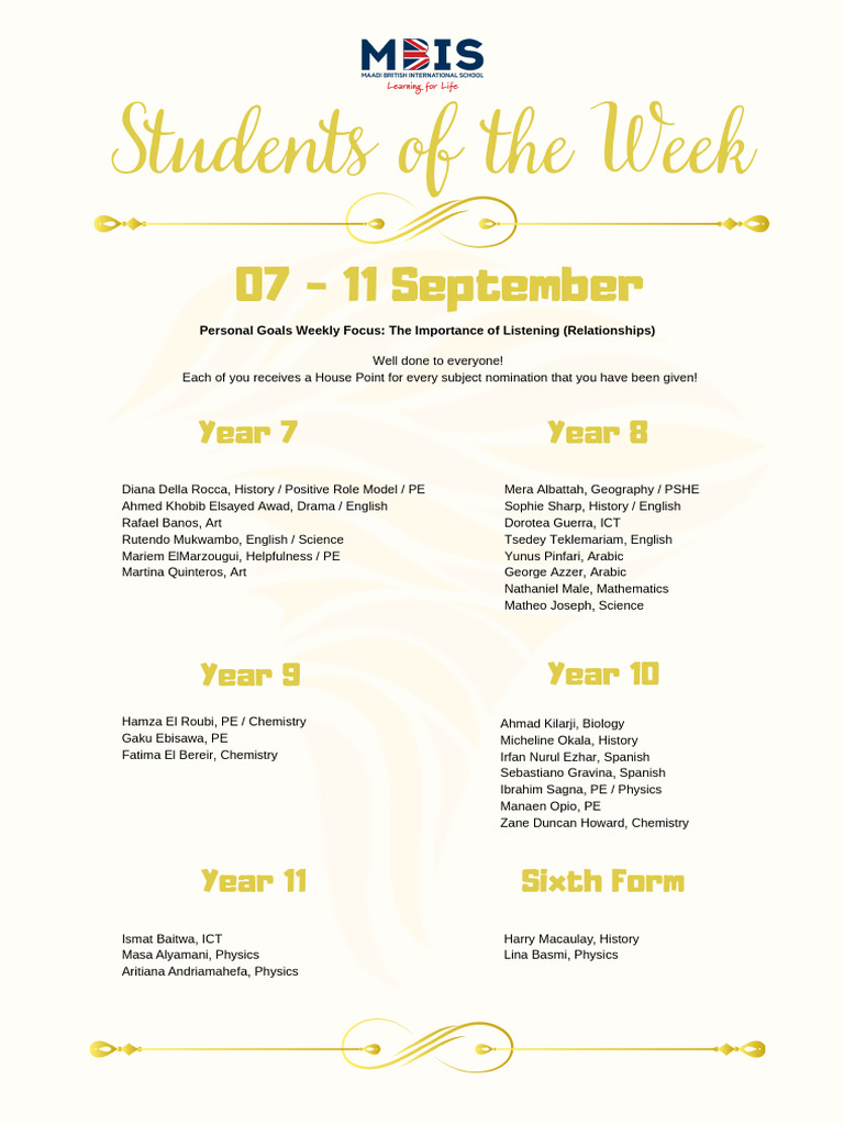 Students of The Week 07 - 11 September | PDF