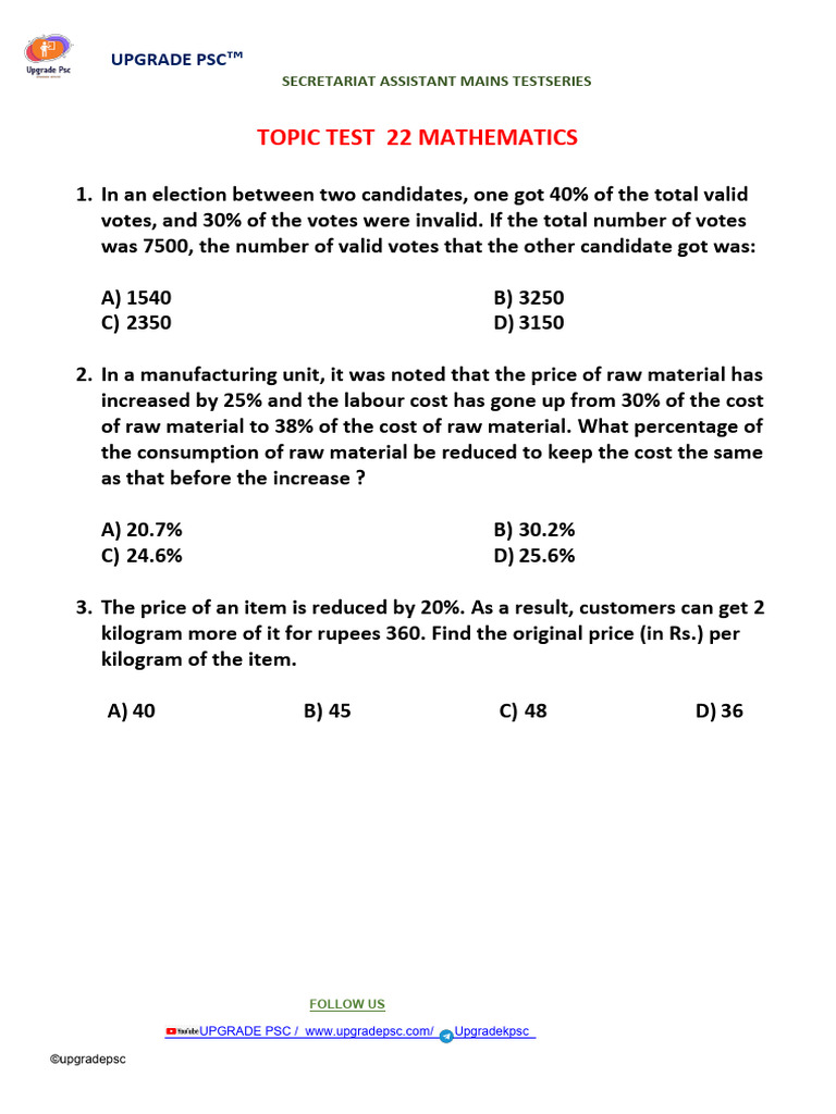 PSC Assistant Mains Math Test Series | PDF | Length | Area
