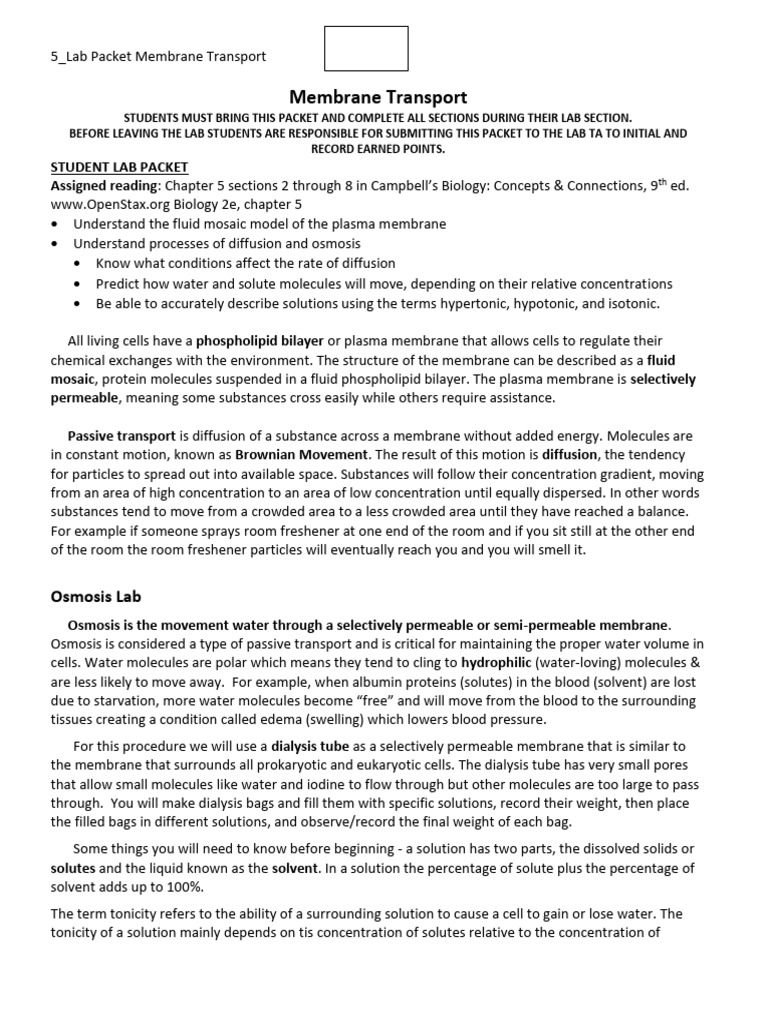 Lab Packet: Membrane Transport Basics | PDF | Cell Membrane | Biology