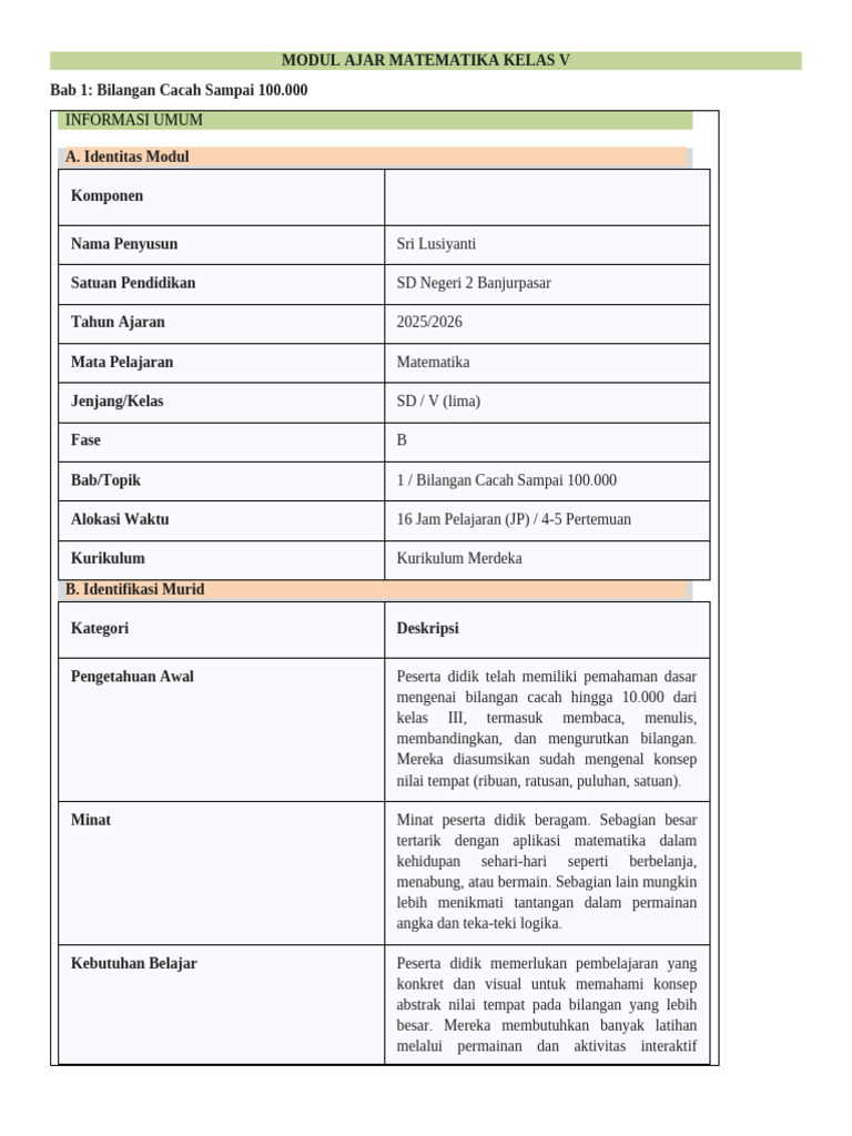Modul Ajar Matematika Kelas V: Bilangan Cacah | PDF