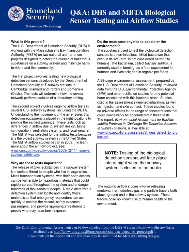 DHS MBTA Biosensor Testing Overview | PDF | Safety | Science