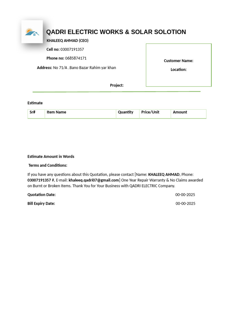 Qadri Electric Works Quotation Estimate | PDF