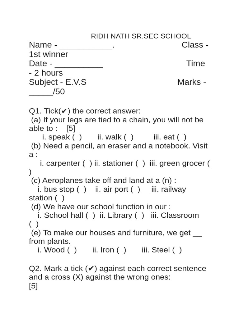 E.V.S Exam Paper for Class 1 Students | PDF