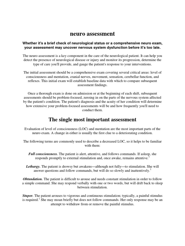 Neuro Assessment Coma Nervous System