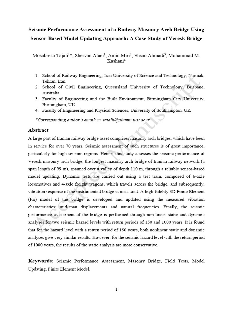 Seismic Performance Assessment of A Railway Masonry Arch Bridge | PDF ...