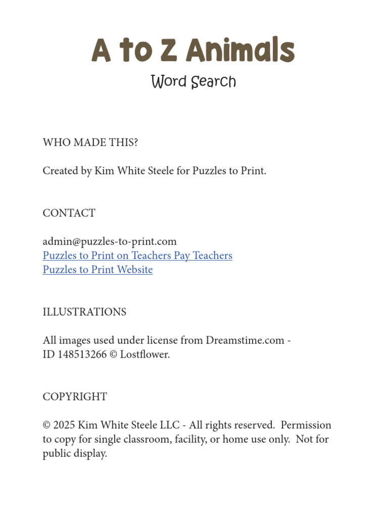 A to Z Animals Word Search Answers | PDF | Word Search | Word Puzzles