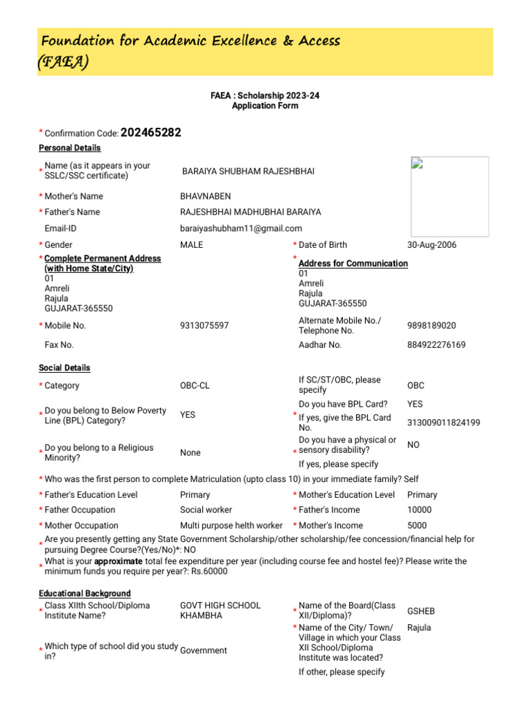 FAEA Scholarship Application 2023-24 | PDF