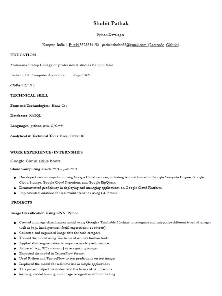 Python Developer Resume - Shobit Pathak | PDF | Artificial Intelligence ...