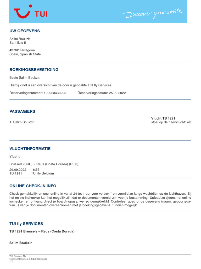 Uw Gegevens: Vlucht TB 1291 | PDF