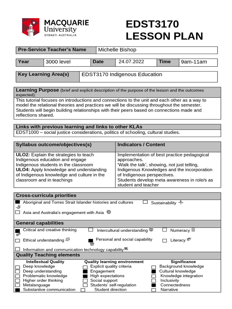 EDST3170 Indigenous Education Lesson Plan | PDF | Teachers | Indigenous ...