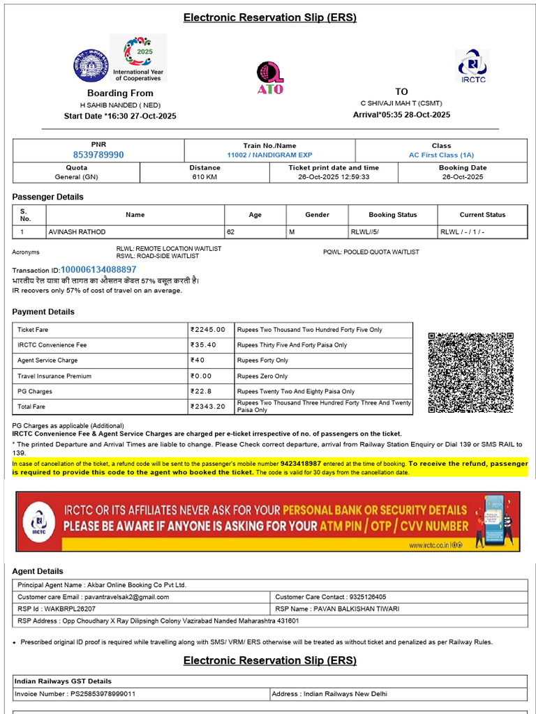 Electronic Reservation Slip Details | PDF | Identity Document