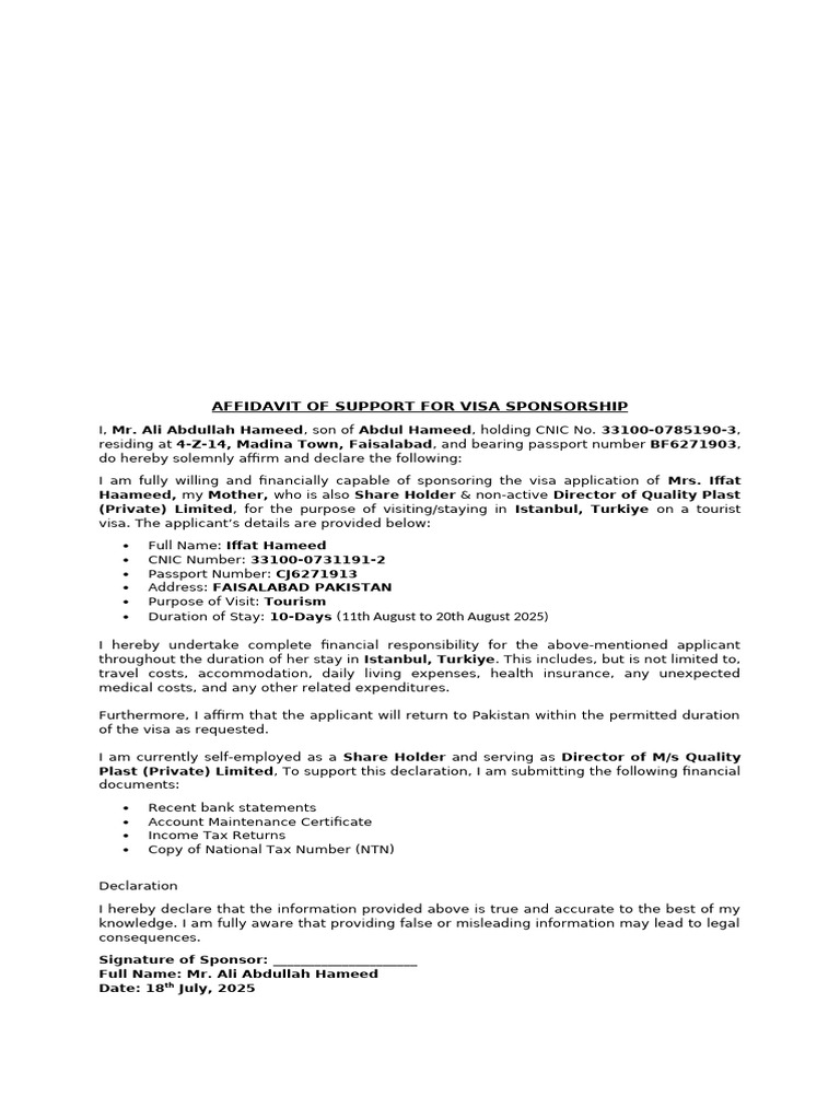 Visa Sponsorship Affidavit Template | PDF