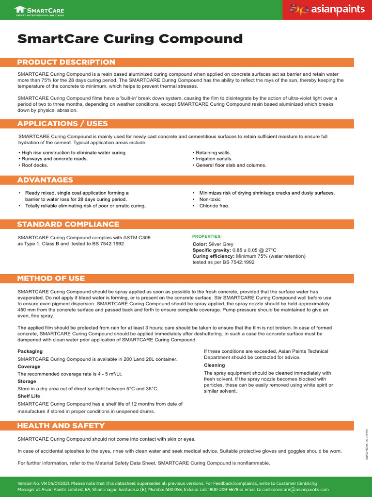 SmartCare Curing Compound Overview | PDF | Concrete | Secondary Sector ...
