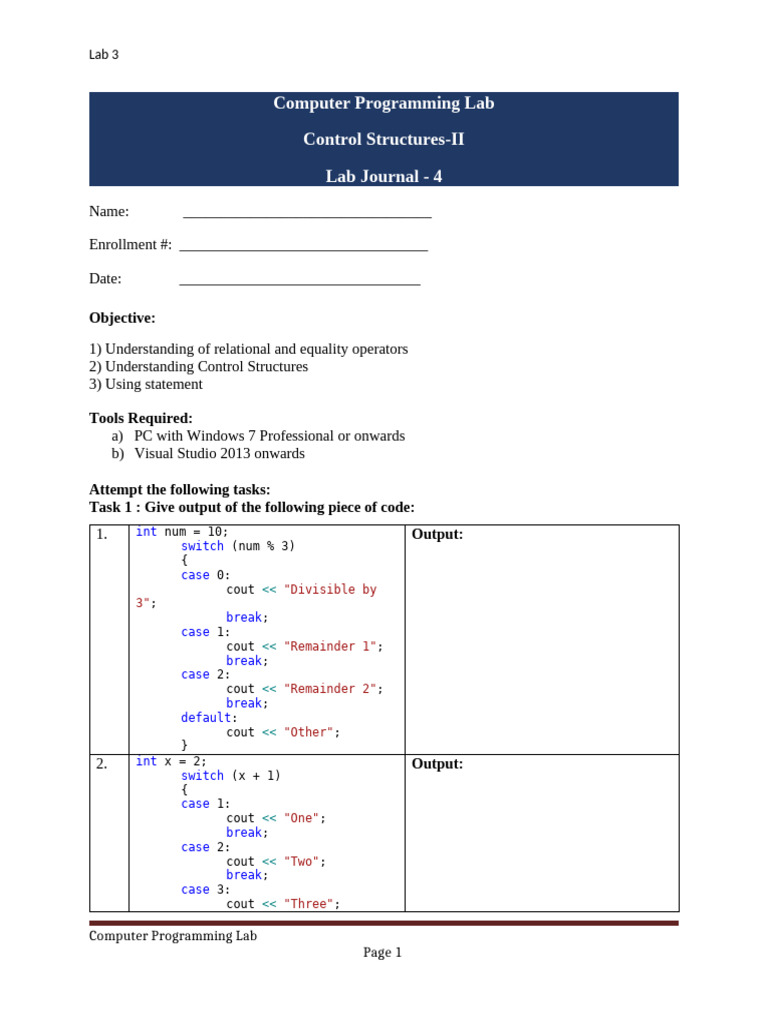 Control Structures in C++ Lab Guide | PDF | Software | Office Equipment
